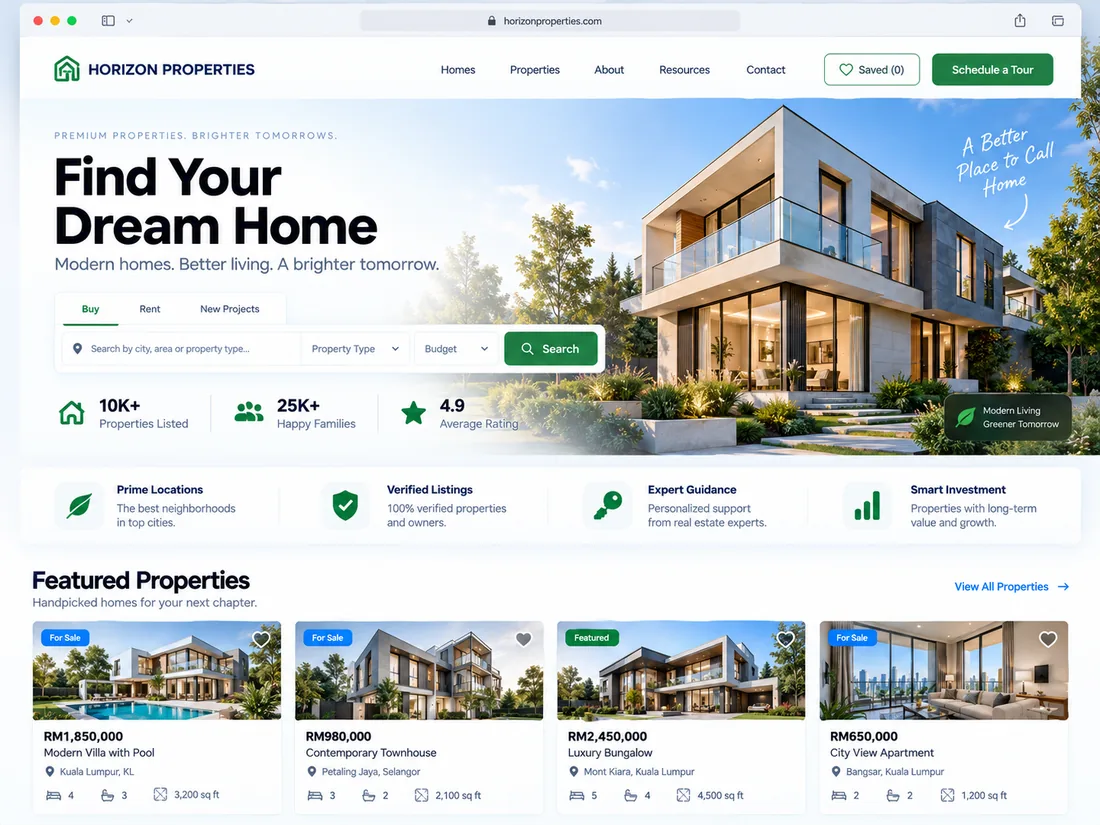 Property and real estate landing page design example